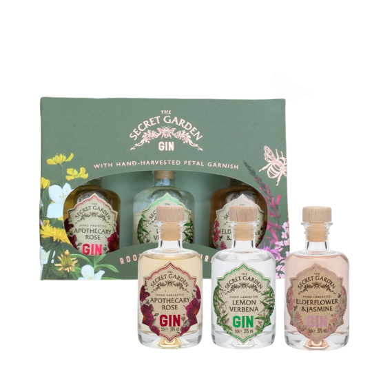 The Secret Garden Gin Gift Box 3 x 5cl | The Secret Garden Apothecary Rose Gin, The Secret Garden Pink Elderflower & Jasmine Gin and The Secret Garden Lemon Verbena Gin.