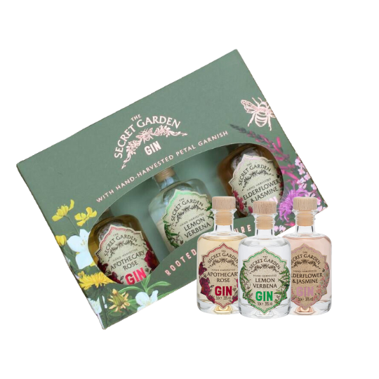 The Secret Garden Gin Gift Box 3 x 5cl | The Secret Garden Apothecary Rose Gin, The Secret Garden Pink Elderflower & Jasmine Gin and The Secret Garden Lemon Verbena Gin.