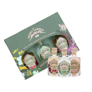 The Secret Garden Gin Gift Box 3 x 5cl | The Secret Garden Apothecary Rose Gin, The Secret Garden Pink Elderflower & Jasmine Gin and The Secret Garden Lemon Verbena Gin.