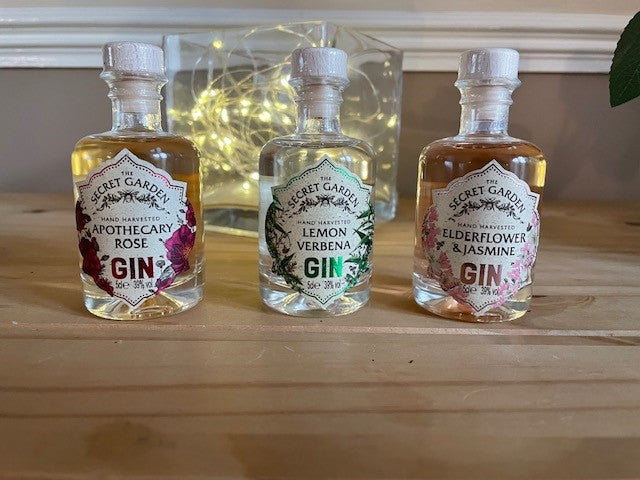 The Secret Garden Gin Gift Box 3 x 5cl | The Secret Garden Apothecary Rose Gin, The Secret Garden Pink Elderflower & Jasmine Gin and The Secret Garden Lemon Verbena Gin.