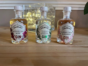 The Secret Garden Gin Gift Box 3 x 5cl | The Secret Garden Apothecary Rose Gin, The Secret Garden Pink Elderflower & Jasmine Gin and The Secret Garden Lemon Verbena Gin.