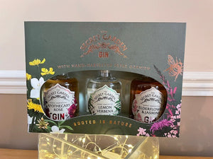 The Secret Garden Gin Gift Box 3 x 5cl | The Secret Garden Apothecary Rose Gin, The Secret Garden Pink Elderflower & Jasmine Gin and The Secret Garden Lemon Verbena Gin.